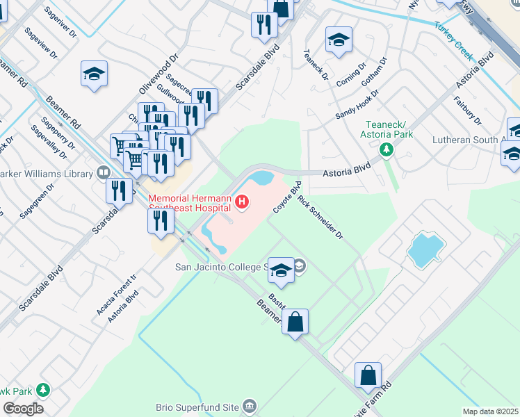 map of restaurants, bars, coffee shops, grocery stores, and more near 11914 Astoria Boulevard in Houston