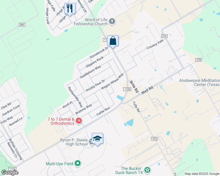 map of restaurants, bars, coffee shops, grocery stores, and more near 205 Campfire Way in Cibolo