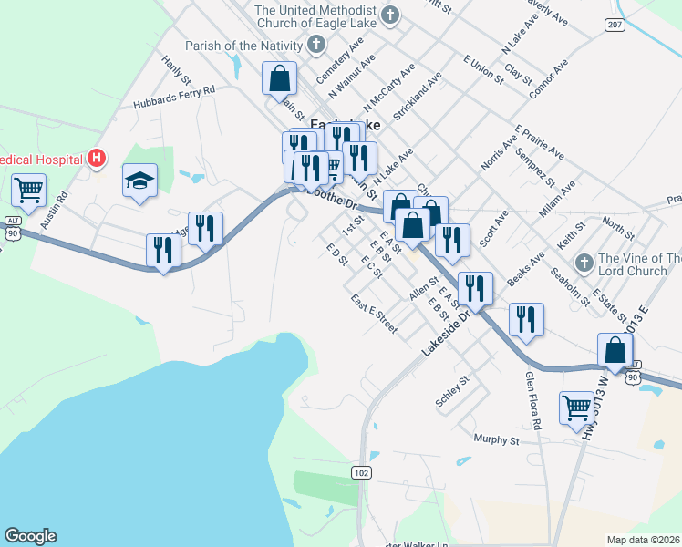 map of restaurants, bars, coffee shops, grocery stores, and more near 516 North Lake Avenue in Eagle Lake