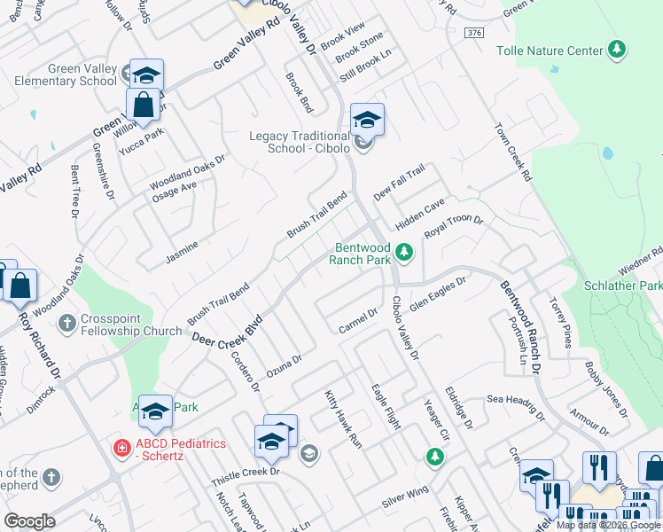 map of restaurants, bars, coffee shops, grocery stores, and more near 212 Spring Fawn in Cibolo