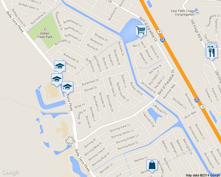 map of restaurants, bars, coffee shops, grocery stores, and more near 94 Burroughs Drive in Palm Coast