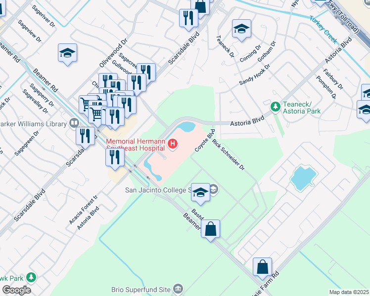 map of restaurants, bars, coffee shops, grocery stores, and more near 11914 Astoria Boulevard in Houston