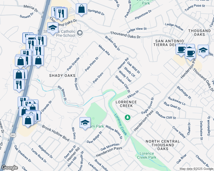 map of restaurants, bars, coffee shops, grocery stores, and more near 15414 Heimer Road in San Antonio