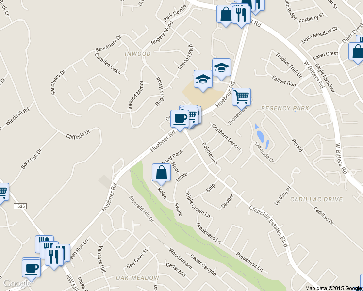 map of restaurants, bars, coffee shops, grocery stores, and more near 14822 Forward Pass in San Antonio