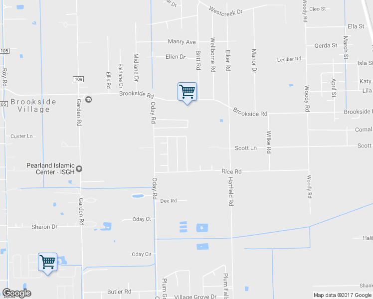 map of restaurants, bars, coffee shops, grocery stores, and more near Meadow Wood Drive in Pearland