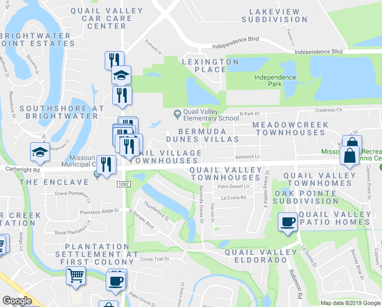 map of restaurants, bars, coffee shops, grocery stores, and more near 40 Windsor Court in Missouri City