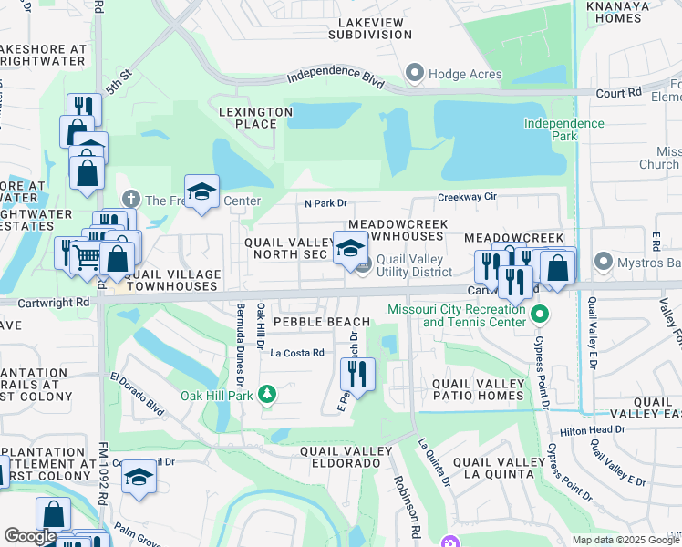 map of restaurants, bars, coffee shops, grocery stores, and more near 3200 Cartwright Road in Missouri City