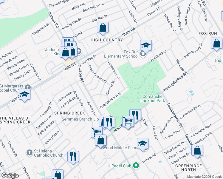 map of restaurants, bars, coffee shops, grocery stores, and more near 5802 Pineway Street in San Antonio