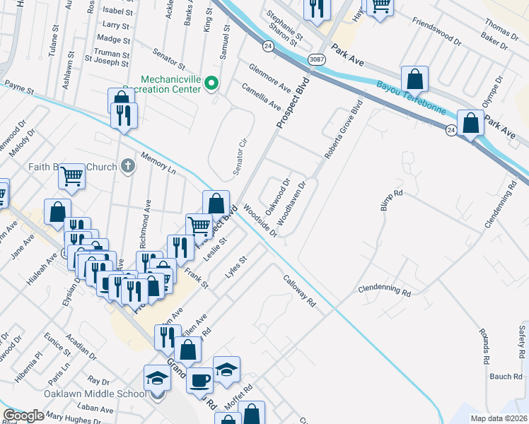 map of restaurants, bars, coffee shops, grocery stores, and more near 608 Woodside Drive in Houma