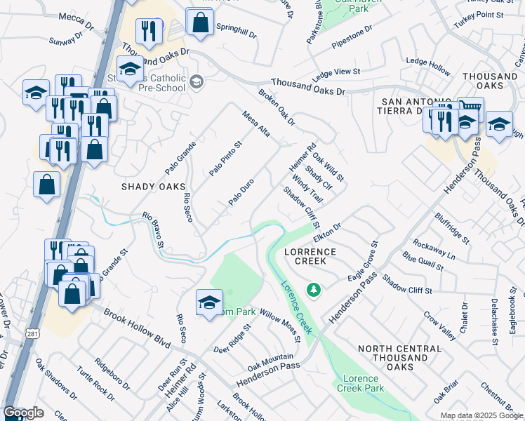 map of restaurants, bars, coffee shops, grocery stores, and more near 15414 Heimer Road in San Antonio
