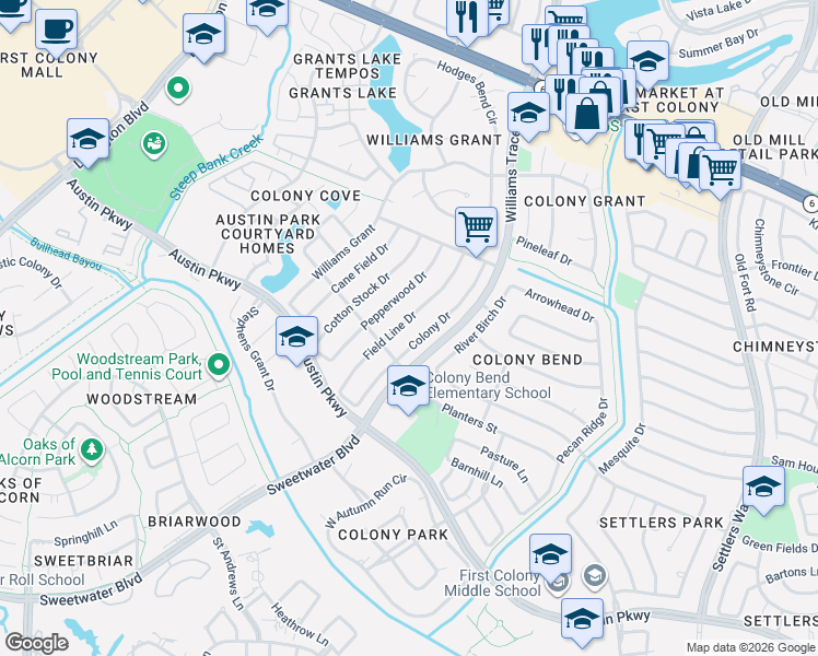 map of restaurants, bars, coffee shops, grocery stores, and more near 2846 Colony Drive in Sugar Land
