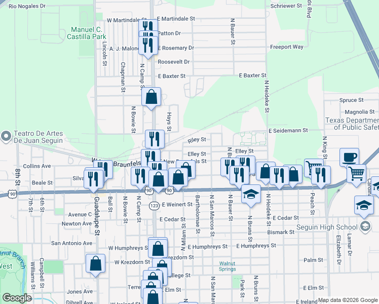 map of restaurants, bars, coffee shops, grocery stores, and more near 404 East New Braunfels Street in Seguin