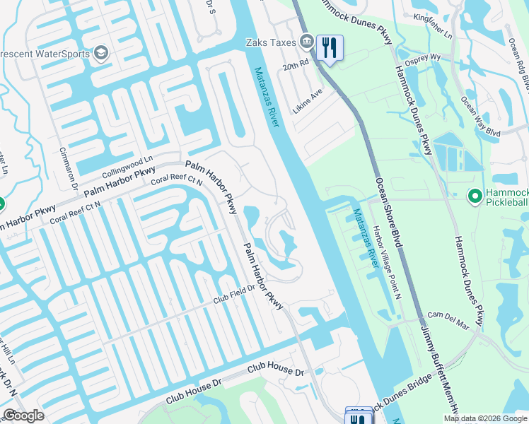 map of restaurants, bars, coffee shops, grocery stores, and more near 76 Riverview Bend South in Palm Coast