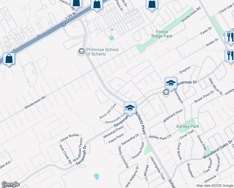 map of restaurants, bars, coffee shops, grocery stores, and more near 3604 Sumter Glade in Schertz