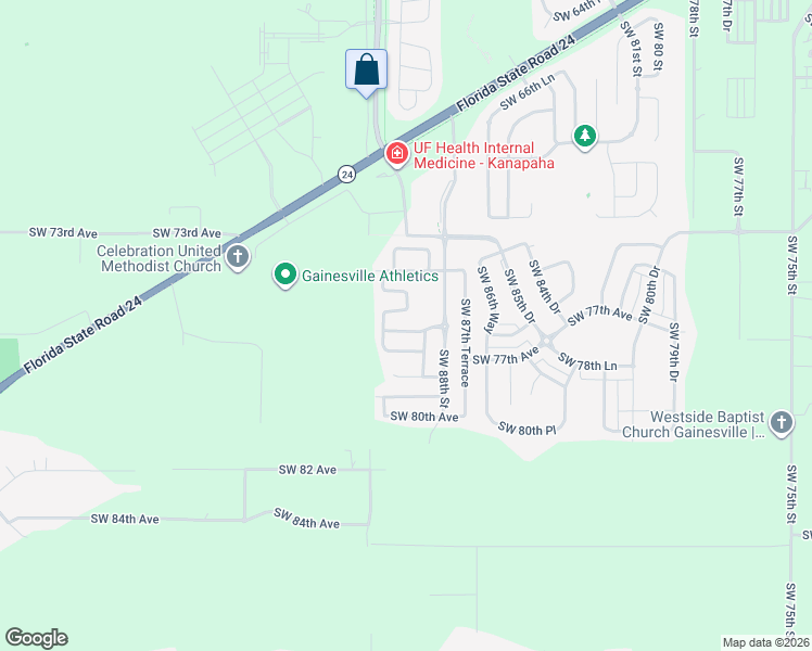 map of restaurants, bars, coffee shops, grocery stores, and more near 9030 Southwest 76th Lane in Gainesville