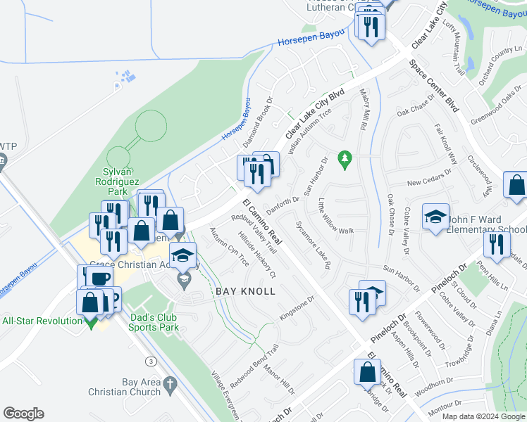 map of restaurants, bars, coffee shops, grocery stores, and more near 14210 Misty Knoll Court in Houston
