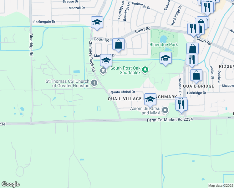map of restaurants, bars, coffee shops, grocery stores, and more near 6215 Quiet Village Court in Houston