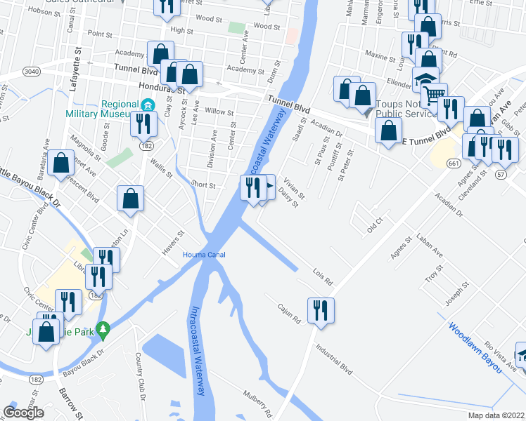 map of restaurants, bars, coffee shops, grocery stores, and more near 1020 Saadi Street in Houma
