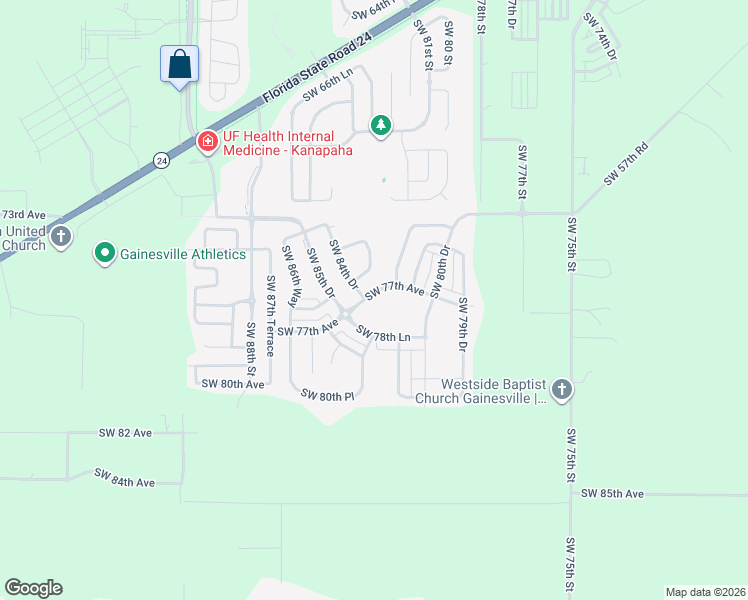 map of restaurants, bars, coffee shops, grocery stores, and more near 8363 Southwest 77th Avenue in Gainesville