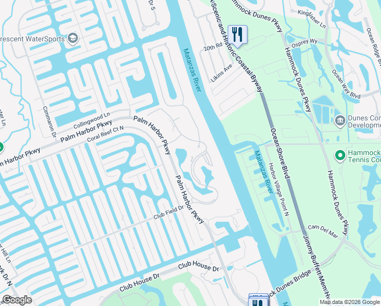 map of restaurants, bars, coffee shops, grocery stores, and more near 76 Riverview Bend South in Palm Coast