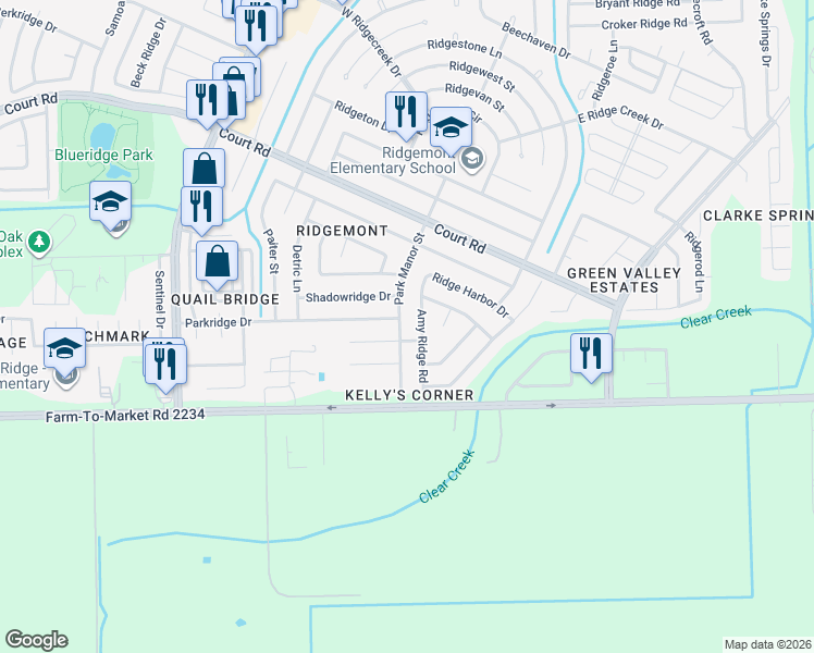 map of restaurants, bars, coffee shops, grocery stores, and more near 16706 Amy Ridge Road in Houston