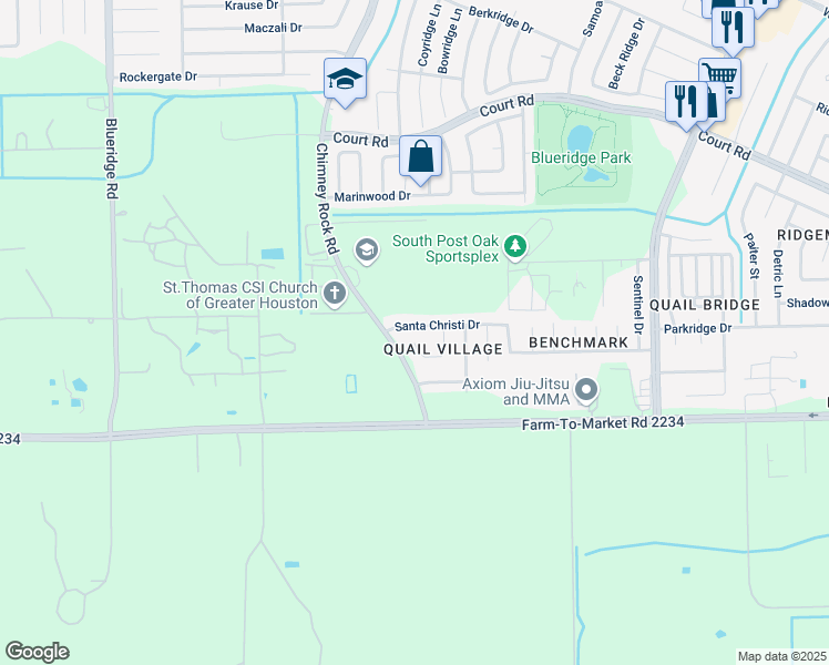 map of restaurants, bars, coffee shops, grocery stores, and more near 6215 Quiet Village Court in Houston