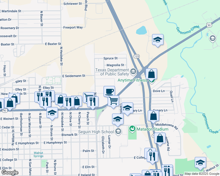 map of restaurants, bars, coffee shops, grocery stores, and more near 1400 Lucille Street in Seguin