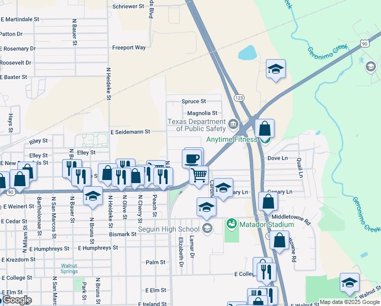 map of restaurants, bars, coffee shops, grocery stores, and more near 1400 Lucille Street in Seguin