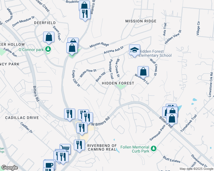 map of restaurants, bars, coffee shops, grocery stores, and more near 15503 Big Trail Drive in San Antonio