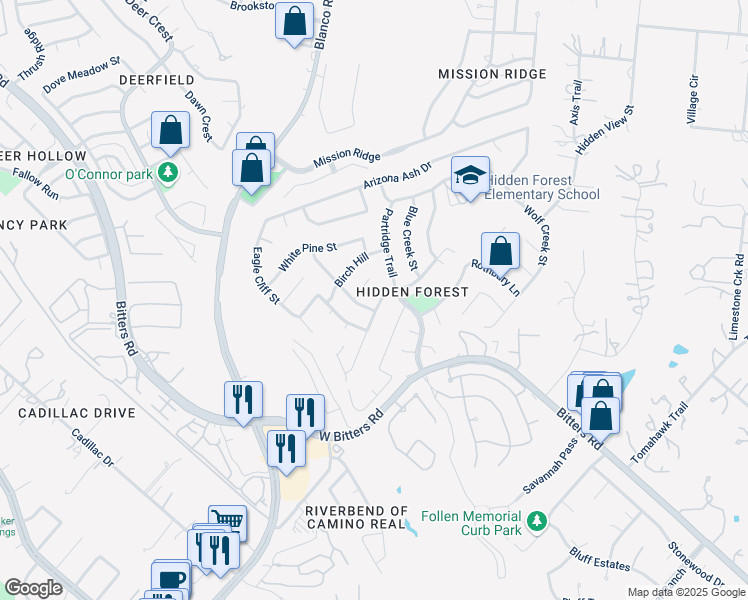 map of restaurants, bars, coffee shops, grocery stores, and more near 15503 Big Trail Drive in San Antonio