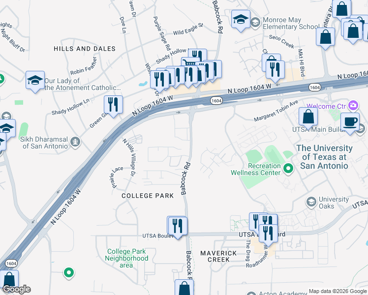 map of restaurants, bars, coffee shops, grocery stores, and more near 7310 Rocky Cedar in San Antonio