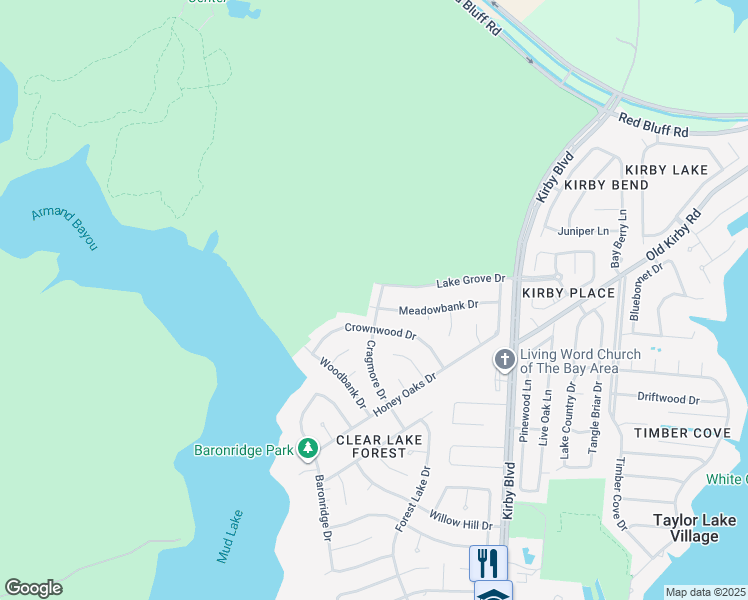 map of restaurants, bars, coffee shops, grocery stores, and more near 4147 Crownwood Drive in Seabrook