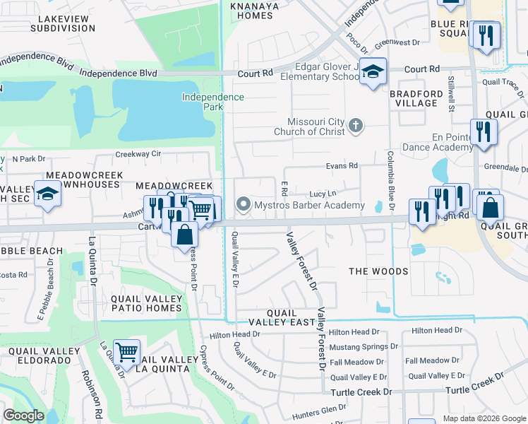 map of restaurants, bars, coffee shops, grocery stores, and more near 2406 Ridgemont Drive in Missouri City