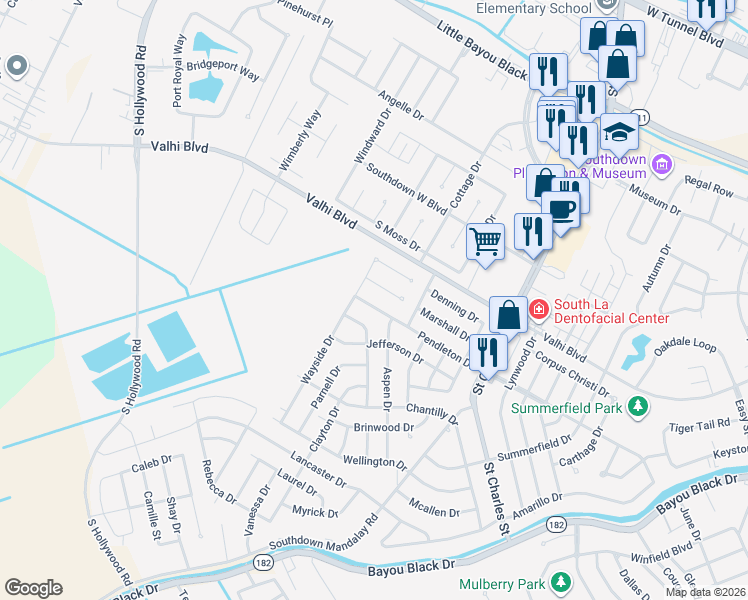 map of restaurants, bars, coffee shops, grocery stores, and more near 107 Coachman Drive in Houma