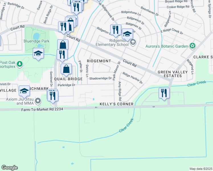 map of restaurants, bars, coffee shops, grocery stores, and more near 5023 Parkridge Drive in Houston