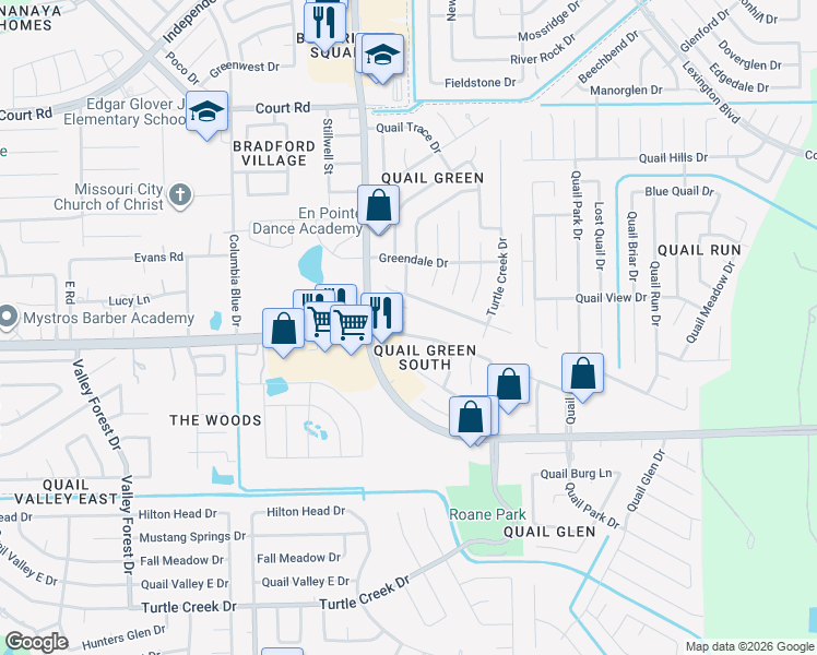 map of restaurants, bars, coffee shops, grocery stores, and more near 1522 West April Rain Court in Missouri City