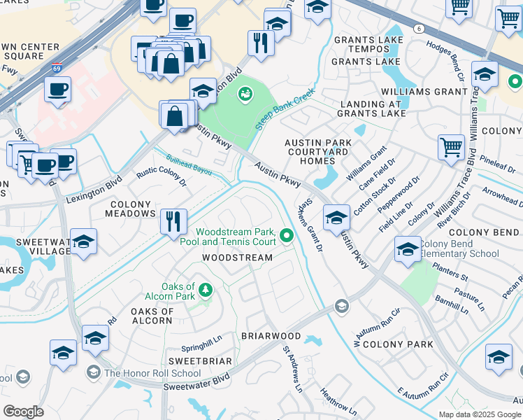map of restaurants, bars, coffee shops, grocery stores, and more near 2127 Greencove Lane in Sugar Land