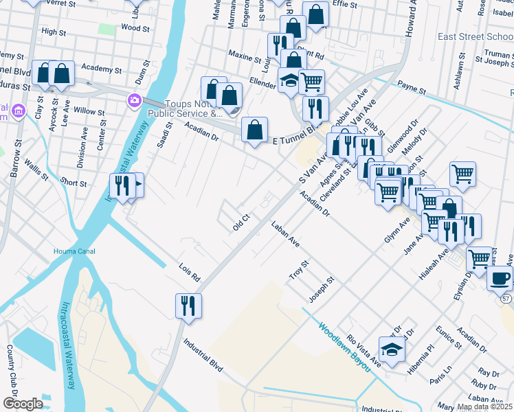 map of restaurants, bars, coffee shops, grocery stores, and more near 318 Merrill Drive in Houma