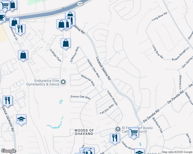 map of restaurants, bars, coffee shops, grocery stores, and more near 4206 Rustic Meadows in San Antonio