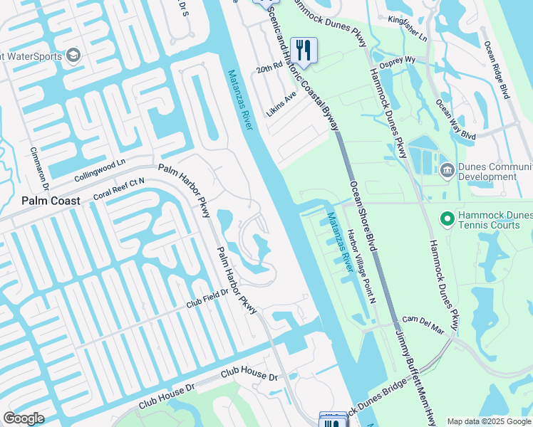 map of restaurants, bars, coffee shops, grocery stores, and more near 35 Riverview Bend South in Palm Coast