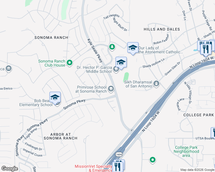 map of restaurants, bars, coffee shops, grocery stores, and more near 8406 Magdalena Run in Helotes