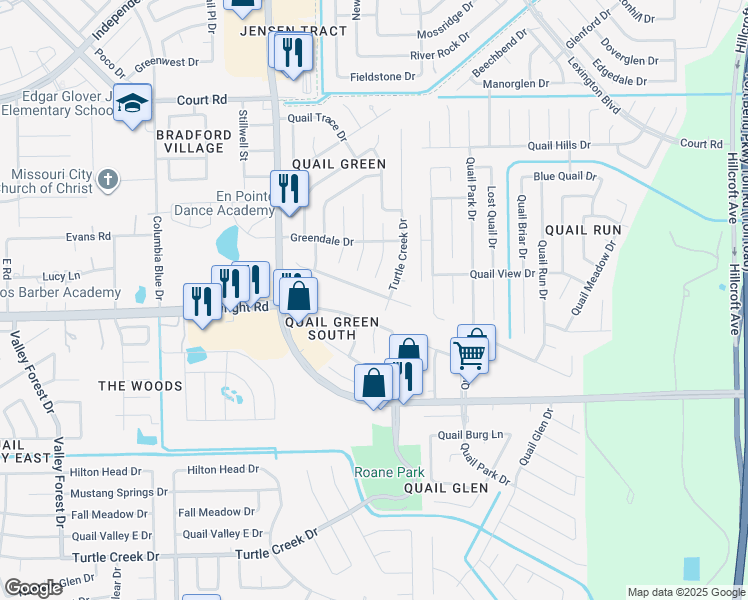 map of restaurants, bars, coffee shops, grocery stores, and more near 938 Turtle Creek Drive in Missouri City