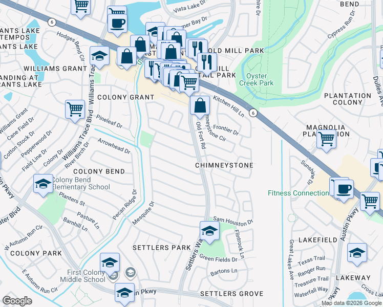 map of restaurants, bars, coffee shops, grocery stores, and more near 3139 Windmill Street in Sugar Land