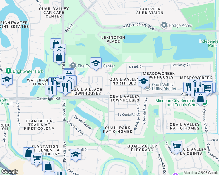map of restaurants, bars, coffee shops, grocery stores, and more near 2314 Bermuda Shores Drive in Missouri City