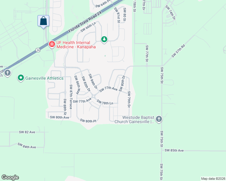 map of restaurants, bars, coffee shops, grocery stores, and more near 7651 Southwest 81st Way in Gainesville