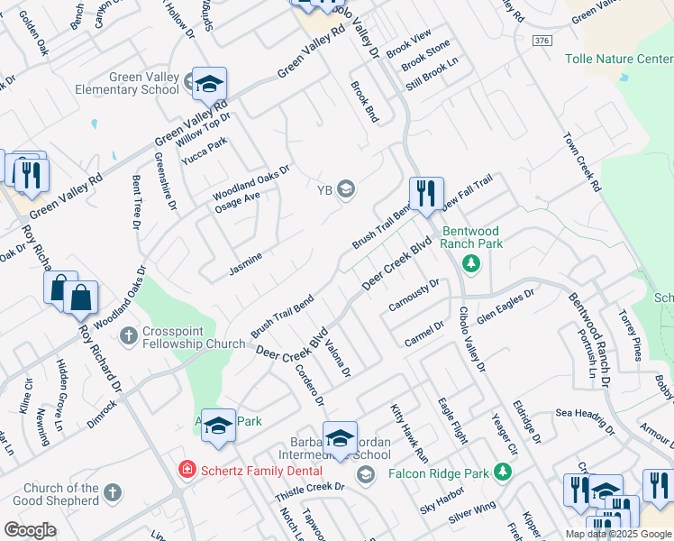 map of restaurants, bars, coffee shops, grocery stores, and more near 292 Brush Trail Bend in Cibolo