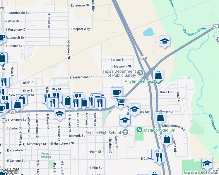 map of restaurants, bars, coffee shops, grocery stores, and more near 1105 Stanley Way in Seguin