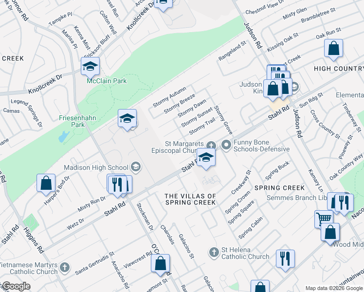 map of restaurants, bars, coffee shops, grocery stores, and more near 5127 Stormy Trail in San Antonio