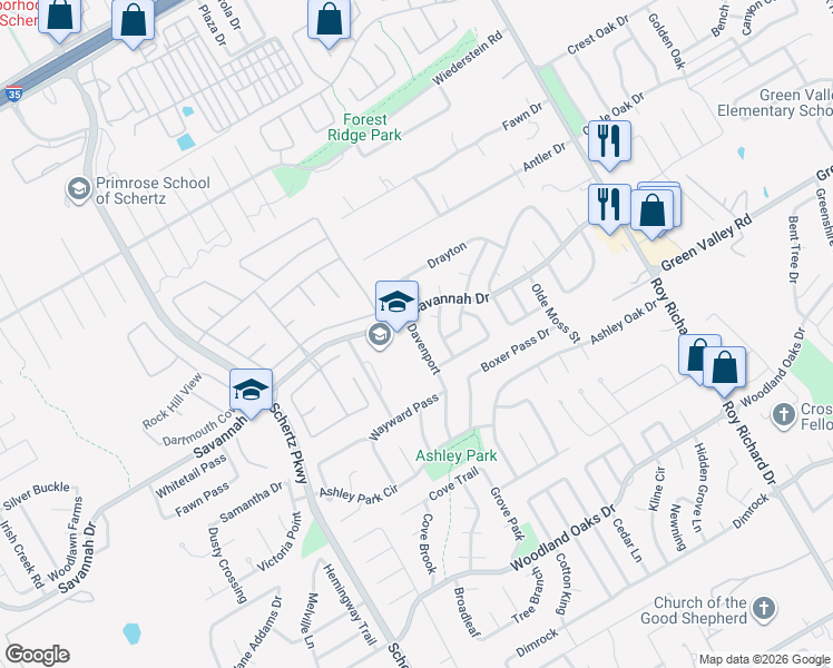 map of restaurants, bars, coffee shops, grocery stores, and more near 3824 Davenport in Schertz