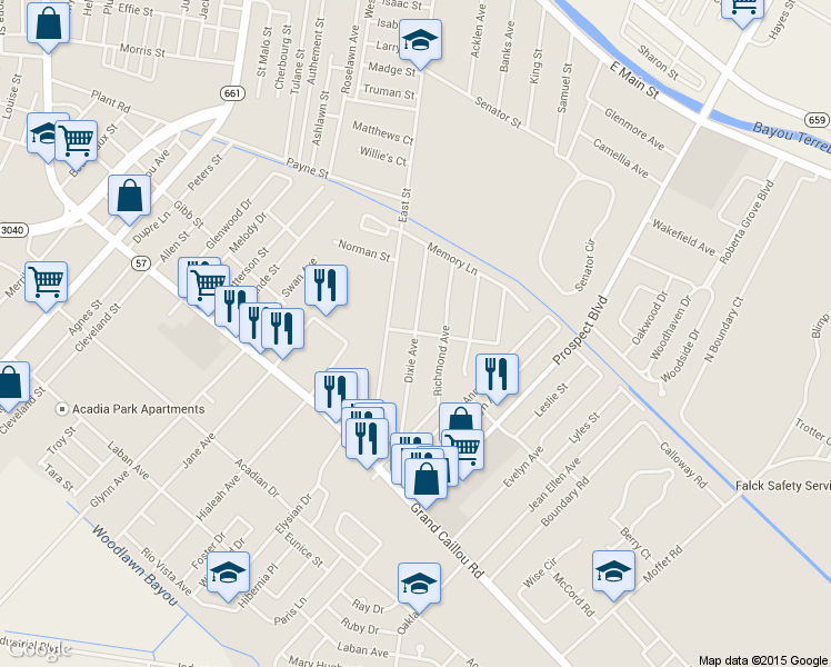 map of restaurants, bars, coffee shops, grocery stores, and more near 303 Dixie Ave in Houma